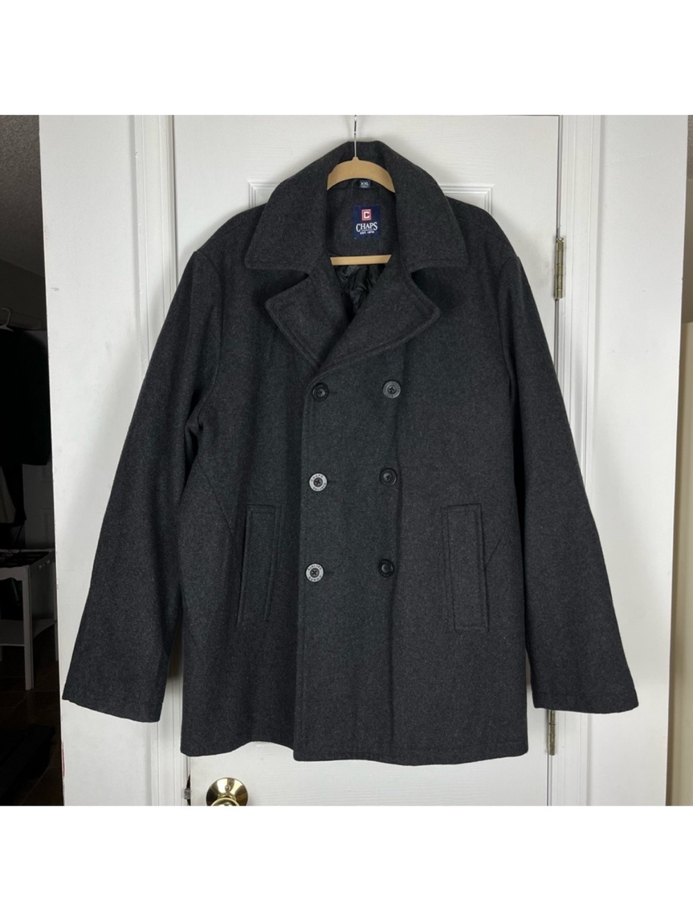 Chaps Menβs Wool Blend Double Breasted Classic Fit Pea Coat XXL Charcoal Gray